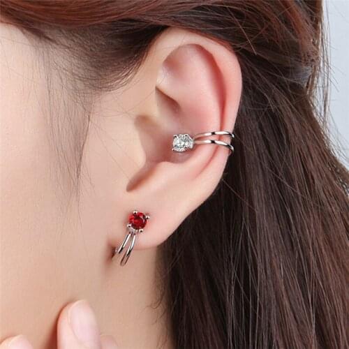 Exquisite Crystal Red Clip Ear Women Jewelry Trendy 925 Silver Earrings Without Hole Lady Shiny Stone Earring Female Accessories