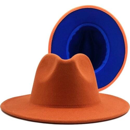 Simple Outer ORANGE Inner BLUE Wool Felt Jazz Fedora Hats With Thin Belt Buckle Men Women Wide Brim Panama Trilby Cap 56-58-60CM