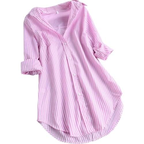 Blouse Autumn Ladies Large Size Plus Size Women Tunic Shirts Chic Stripe Button Lace V Neck Long Sleeve Shirt Blouse Blusas 5xl
