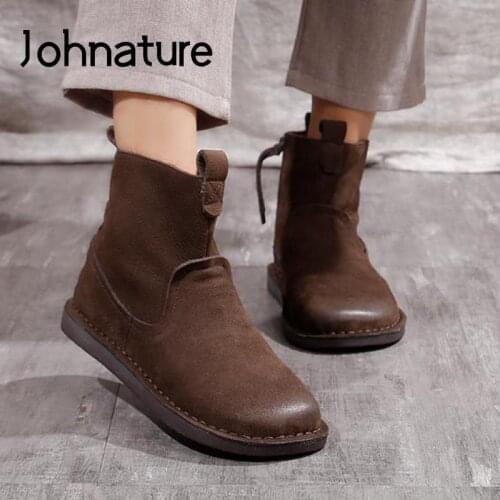 Johnature Genuine Leather Shoes Women Boots Zip Flat With 2021 New Autumn Winter Round Toe Concise Handmade Leisure Ladies Boots