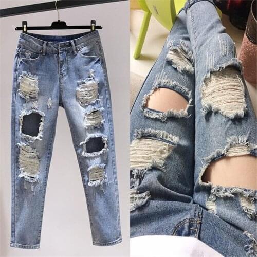 Womens Jeans 2021 New High Waist Harem Pants Holes Female Washed Denim Pants Casual Trousers