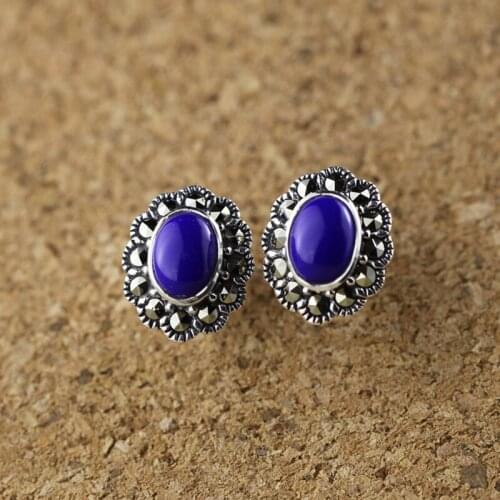 Natural Gemstone Lapis 100% 925 Sterling Silver Earrings For Women Vintage Style Fashion Party Elegant Stud Earrings Jewelry