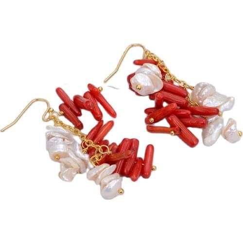 GG Jewelry Natural 10MM Cultured Freshwater Keshi Pearl Red Coral Chips Earrings For Women Lady Gift