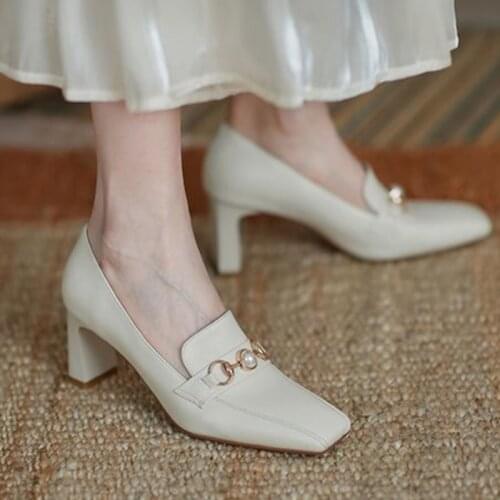 2021 Women High Heels Fashion Spring Autumn Female Square Toe Metal Shoes Ladies Square Heels Party Pumps For Woman Shoes