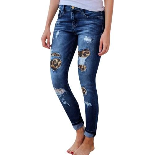Women Skinny Ripped Jeans Ladies Ripped Leopard Patch Denim Pants Mid Waist Slim Fit Patchwork Distressed Skinny Long Pants
