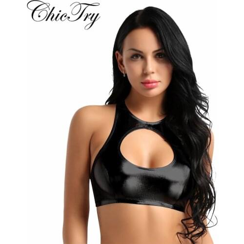 Female Women Girls Fashion Summer Shiny Soft Faux Leather Sleeveless Round Neck Cut Out Crop Tops Swim Top Dancewear Clothes