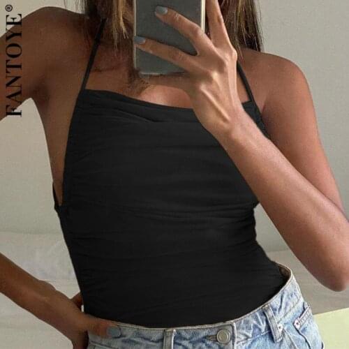 Fantoye Sexy Backless Ruched Women Bodysuits Black Sleeveless Spaghetti Strap Bandage Bodysuits Ladies Summer Skinny Streetwear