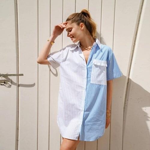 Dabourfeel White And Blue Striped Patchwork Casual Shirt Dress Women Turn-Down Collar Short Sleeve Elegant Summer Dress 2021 New