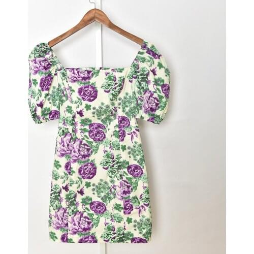Womens Floral Printed Dress Square Collar Puff Sleeve Prairie Chic Backless Ladies High Waist Robe Summer 2021