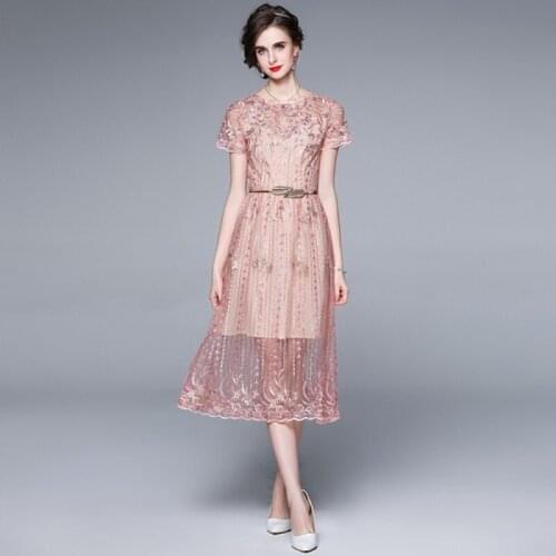 2021 Summer Runway Pink Mesh Flower Embroidery Women O Neck Short Sleeve Tree lLeaf Belt High Waist A Line Dresses