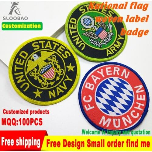 Free shipping custom clothing loop fold fold tags/woven labels/garment T-shirt embroidered National flag woven label badge