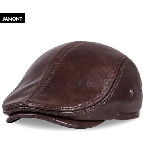 JAMONT Winter Mens Real Genuine cow Leather baseball Cap brand Newsboy Beret Hat winter warm caps hats men with ears ear flap