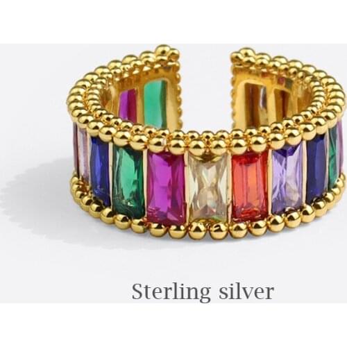 Bohemian Chic 925 Sterling Silver Fashion Colorful Rainbow Zircon Adjustable Open Rings for Female Girls Birthday Gifts SR231