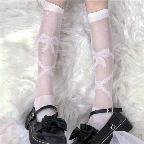 Japanese Lolita Stockings Bow Bandage Pattern Cute Girl Sock Black White Thigh High Socks Summer Fashion Party Women Stockings