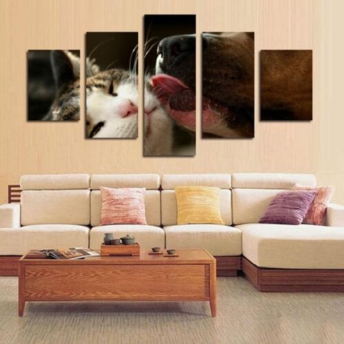 Home Framework Quotes Wall Art Living Room HD Print 5 Panel Lovely Cat Modular Decoration Poster Pictures Canvas Modern Painting
