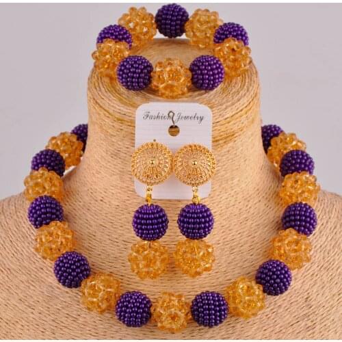 Purple and champagne gold nigerian wedding african beads jewelry set crystal