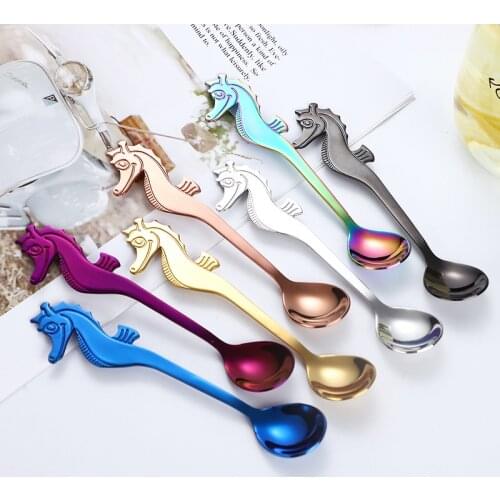 Stainless Steel Creative Sea Horse Shape Coffee Spoon Hanging Cup Stirring Spoon Titanium-plated Multi-color Specialty Spoons