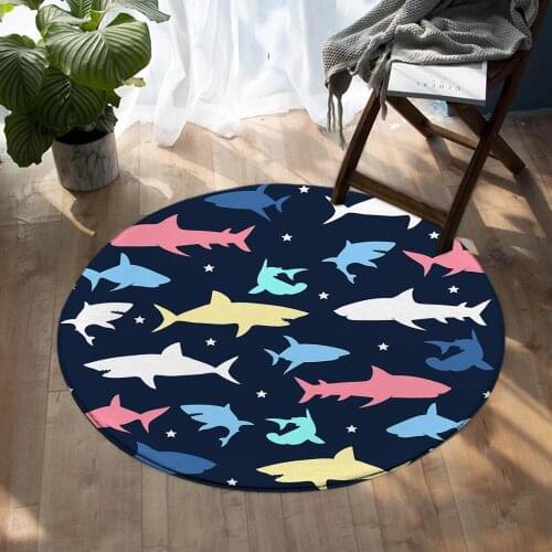 Blue Shark Pattern Round Area Rug Kids Play Mat Circle Carpet Room Entryway Mat for Living Room Bathroom Balcony