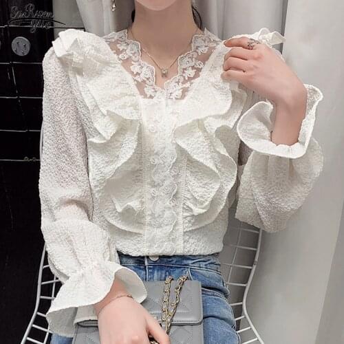 Fashion Female Vintage Slimming Cotton & Linen Blouse New Ruffled V-neck Lace Shirt Solid Sweet Flare Sleeve Womans Shirt 13192