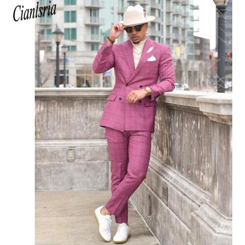 Smart Fashion Pink Check Customized Mens Wedding Tuxedos Groom Wear Formal Dinner Prom Party Blazer Suits(Jacket+Pants)