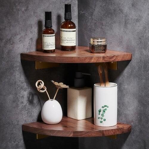 Wall Mounted Corner Storage Rack Walnut Wood Bathroom Shelf Shower Storage Triangle Shelves Bathroom Accessories