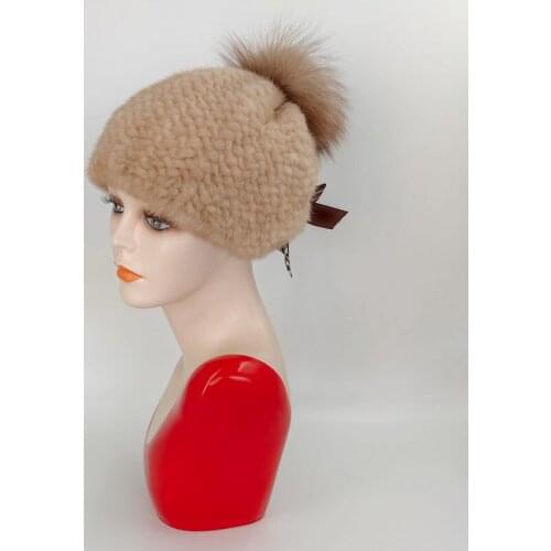 New Winter Ladies Mink Fur Knit Hat Warm Fox Fur Ball Fur Hat Russian Ladies Winter Hat With Braid Hat Free Shipping