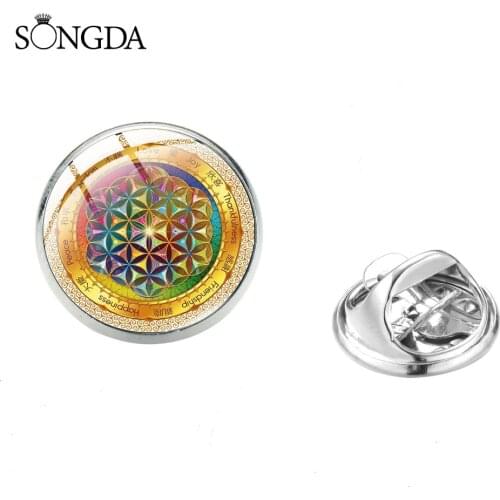 New Fashion Flower of Life Brooches Om Yoga Chakra Pendant Mandala Glass Cabochon Lapel Pins Button Backpack Badge Women Jewelry