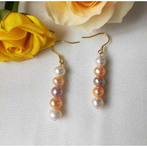 New Arrival Favorite Natural Pearl Earrings Multicolor 6-7MM Round Genuine Freshwater Pearl Gold Dangle Earring Handmade Gift