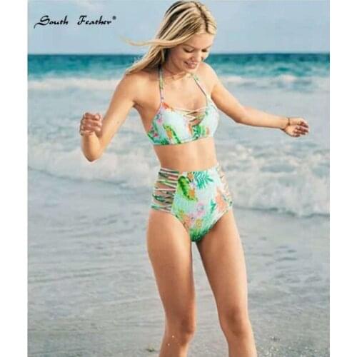 SouthFeather Sexy Floral Push Up Bikini Set Ruched Bikinis Women Wrinkled Bandage Swimsuit Swimwear High Waist Brazilian Biquini