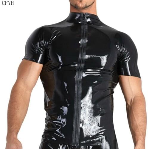 Sexy Mens Latex Tops Faux PVC Leather Shiny Metallic Top Zipper Open Front Tops Short Sleeves Faux Leather Shirts