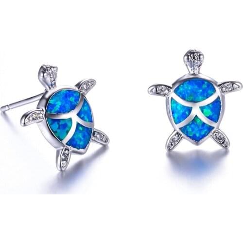 Cute Female Blue White Opal Earrings Minimalist Turtle Stud Earrings For Women Dainty Love Wedding Animal Earrings