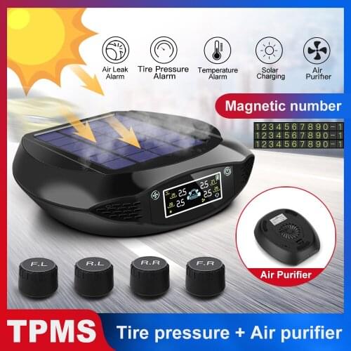 Vehemo USB+Solar Charge 4PCS Sensor TPMS Universal Car Tire Pressure Monitoring System Auto Security Alarm With Air Purifier