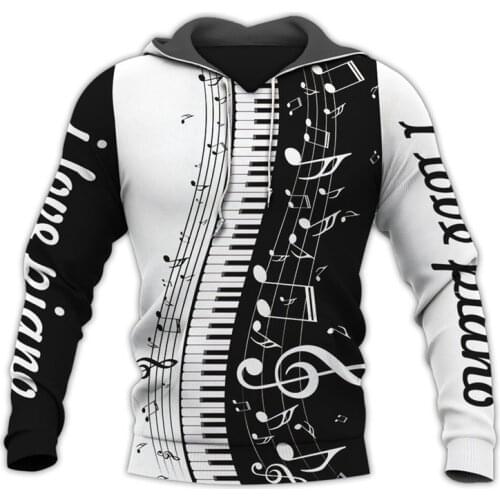 Fashion 3D Printing Piano Harajuku Long Sleeve Sweatshirt Street Casual Hoodie Mens Pullover Musical Note Zip Hoodie