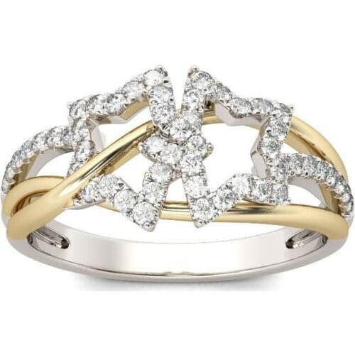 Unique Two-Tone Five-pointed Star Ring for Women Wedding Jewelry Golden and Silver Color Crystal Female Rings Hand Accessories