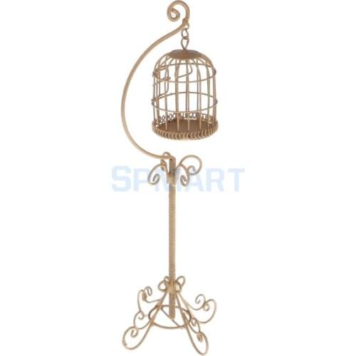 1:12 Scale Vintage Metal Bird Cage with Holder Stand Dollhouse Miniature for 12th Dolls House Decoration Accessories