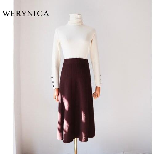 Werynica Vintage Winter Women thick sweater skirt Elastic High Waist Pleated Mid knitted Skirt A-line female solid elegant Skirt