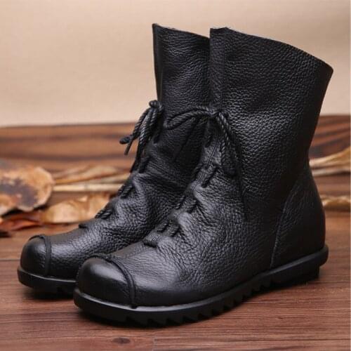 2020 Vintage Style Genuine Leather Women Boots Flat Booties Soft Cowhide Womens Shoes Front Zip Ankle Boots