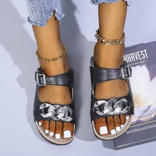 2021 New Summer Women Cork Slipper Casual Beach Double Buckle Metal Decoration Lsdies Shoes Outside Peep Toe Women Slippers