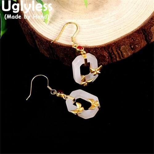 Uglyless Hollow Square Earrings for Women Nature Jade Jasper Gemstone Earrings Real 925 Silver Brincos Bijoux Fine Jewelry E1644