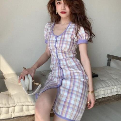 Bella Summer Sweet Plaid Dress Women Korean Patchwork V-Neck Elegant Mini Dress Female Puff Sleeve Princess Party Bodycon 2021