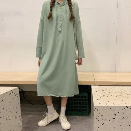 Autumn Winter Sweatshirt Long Sleeve Loose Dress Women Drawstring Hooded Soild Casual Button Dresses Oversize Streetwear