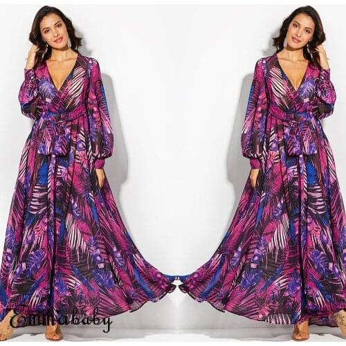 Womens Summer V-neck Plain Printed Floral Beach Long Sleeve Long Maxi Dress