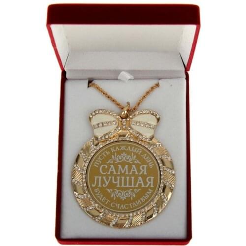 Meaningful souvenirs gifts.Glittering jewelry Bowknot rhinestone necklace letter pendant MEDALS."The best of joy, let every day"