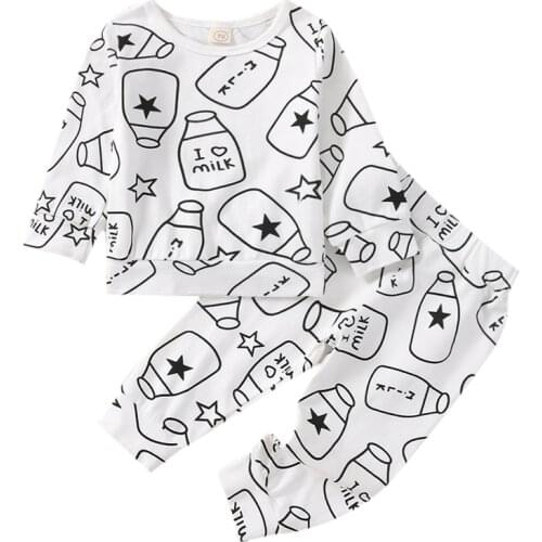 Infant Newborn Baby Girls Boys 2Pcs Clothes Set Milk Bottle Print Long Sleeve Hoodie Tops Pants Spring Autumn Outfits