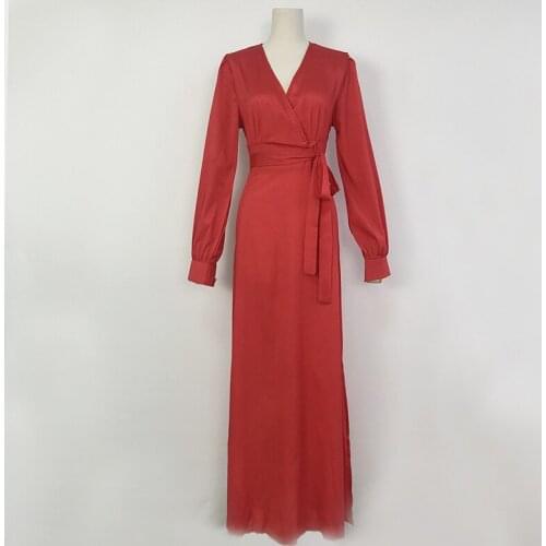 AECU Spring Autumn Woman V Neck Long Dress Bohemian Style Vestidos Vintage Three Quarter Lantern Sleeve Party Dress Maxi Dress