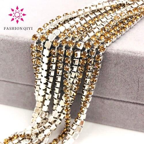 Free shipping 5 yards Super bright encryption Crystal yellow 2mm-4mm silver base rhinestones cup chain,diy clothing accessories