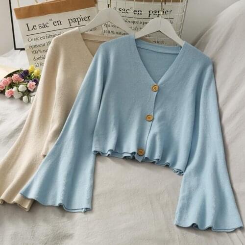 Short Flare Sleeves Women Cardigan Slim Sweater 2021 New Autumn V-neck Knitted Cardigan Female Outerwear Solid Chic Tops