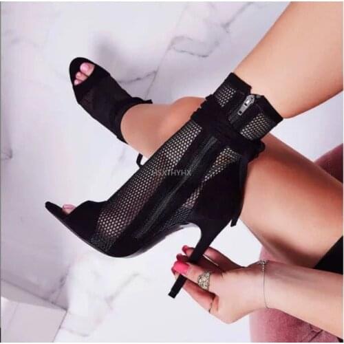 Summer Zipper Boots Sandals Black Mesh Sexy Open Toe Lace-up Womens Shoes High Heels 11.5CM Fine-heeled Womens Boots Hollow