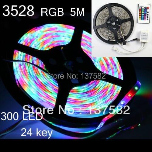 Wholesale! SMD 5M/300LEDS Waterproof Flexible strip RGB 3528 Led Strip Light + 24 Keys IR Remote + free shipping