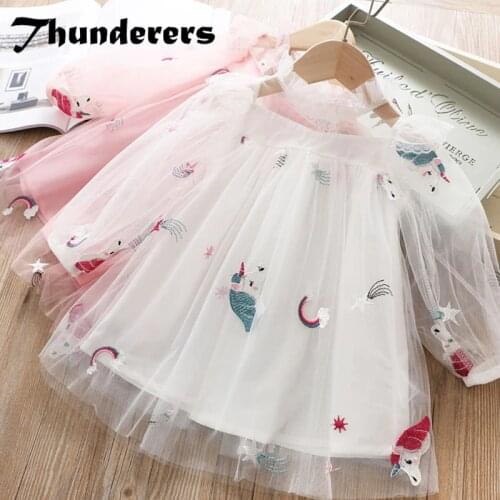 Thunderers Summer Fashion Cartoon Kids Princess Dress For Girl Long Sleeve Mesh Embroidery Girl Party Dress Casual Girl Clothes